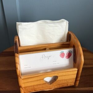 Wood Rotating Recipe Card & Napkin Holder Heart Cutout Lazy Susan Farmhouse Desk